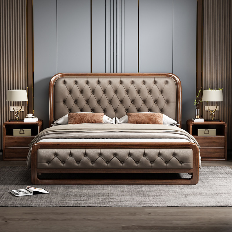 New chinese style solid wood bed with tufted genuine leather upholstered headboard, modern minimalist luxury double bed for master bedroom, sturdy thai rubber wood frame
