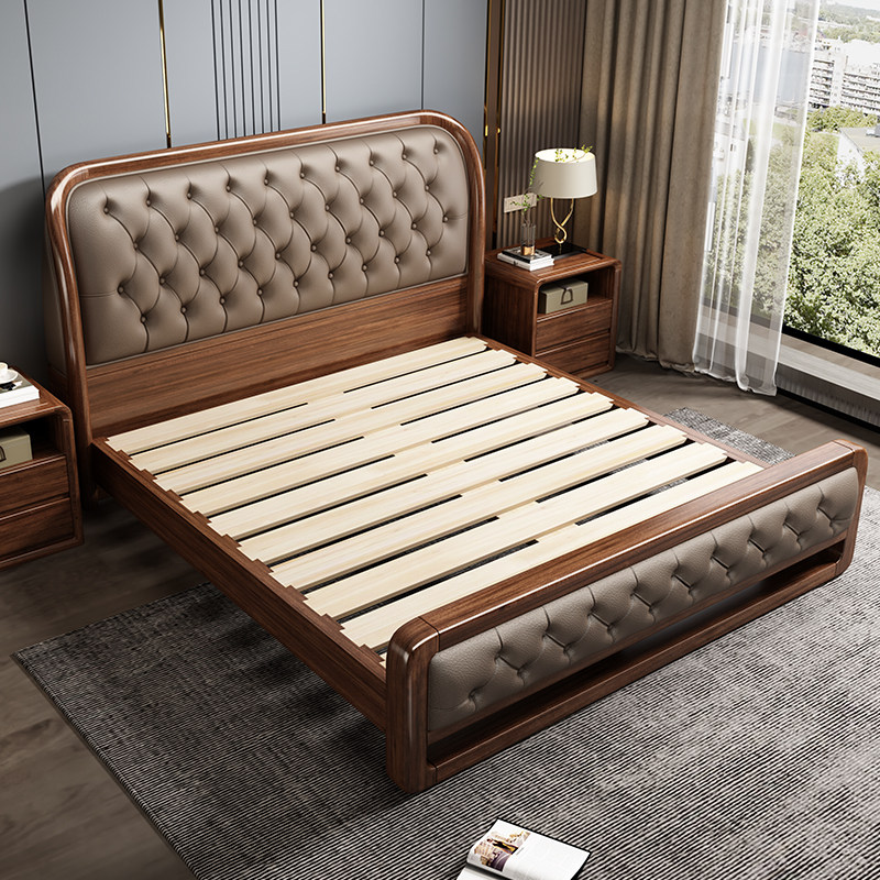 Internal slatted base structure of new‑chinese solid wood bed, heavy duty thai rubber wood frame, stable supportive bed frame for master bedroom