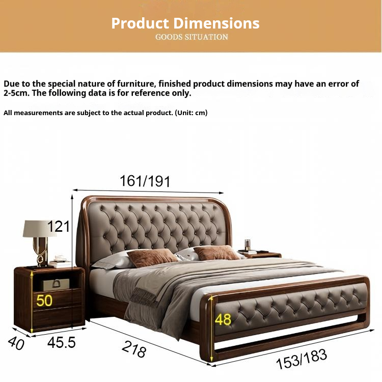 Dimension specification diagram of tufted leather solid wood double bed and matching nightstand, overall length width height measurements in centimeter