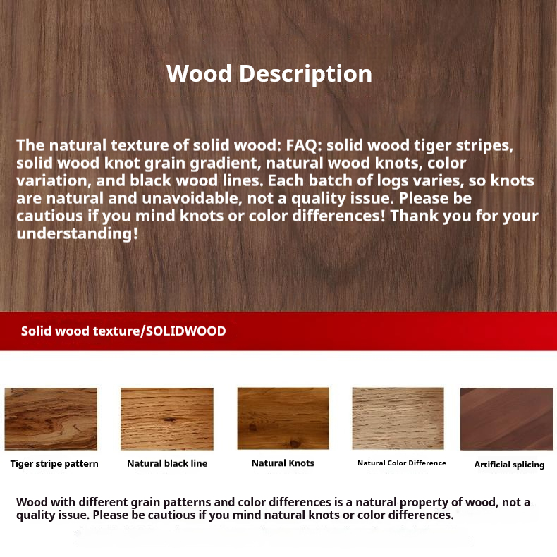 Illustration of natural wood characteristics including tiger stripes, wood knots, black grain lines and color variation for solid wood bed