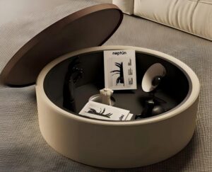 Bespoke round coffee table with hidden storage E1 eco board frame rounded corner anti-collision design