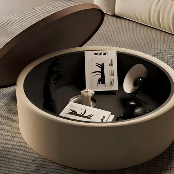 Bespoke round coffee table with hidden storage E1 eco board frame rounded corner anti-collision design