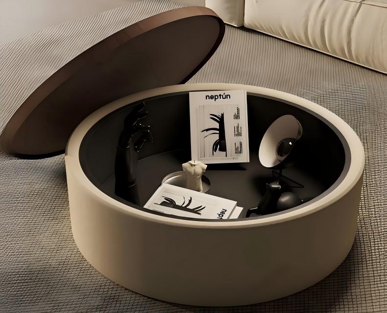 Bespoke round coffee table with hidden storage E1 eco board frame rounded corner anti-collision design