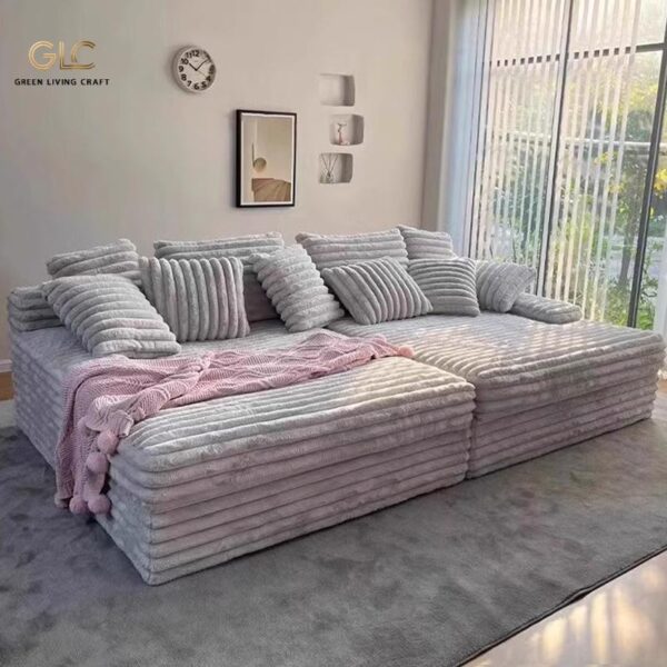 Oversized vacuum compressed modular cloud lazy sofa, striped faux rabbit fur floor sectional couch with cushions