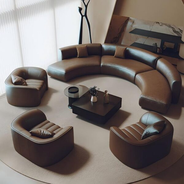 Large Semi‑circular Curved Leather Sectional Sofa, Luxury Lobby Lounge Furniture for Hotel, Club and Reception Area