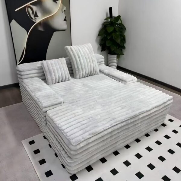 Large oversized modular sofa bed, fluffy striped faux rabbit fur cloud couch for spacious family living room