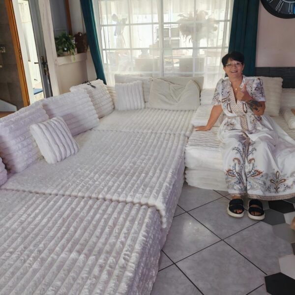 Custom compressed pack plush fabric modular sofa, customer photo from France