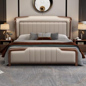 High‑end light luxury walnut solid wood bed padded genuine leather headboard new chinese master bedroom furniture