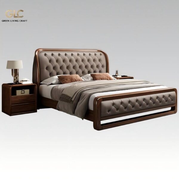 solid wood top grain cowhide leather bed, tufted upholstered bed with matching nightstand for luxury master bedroom
