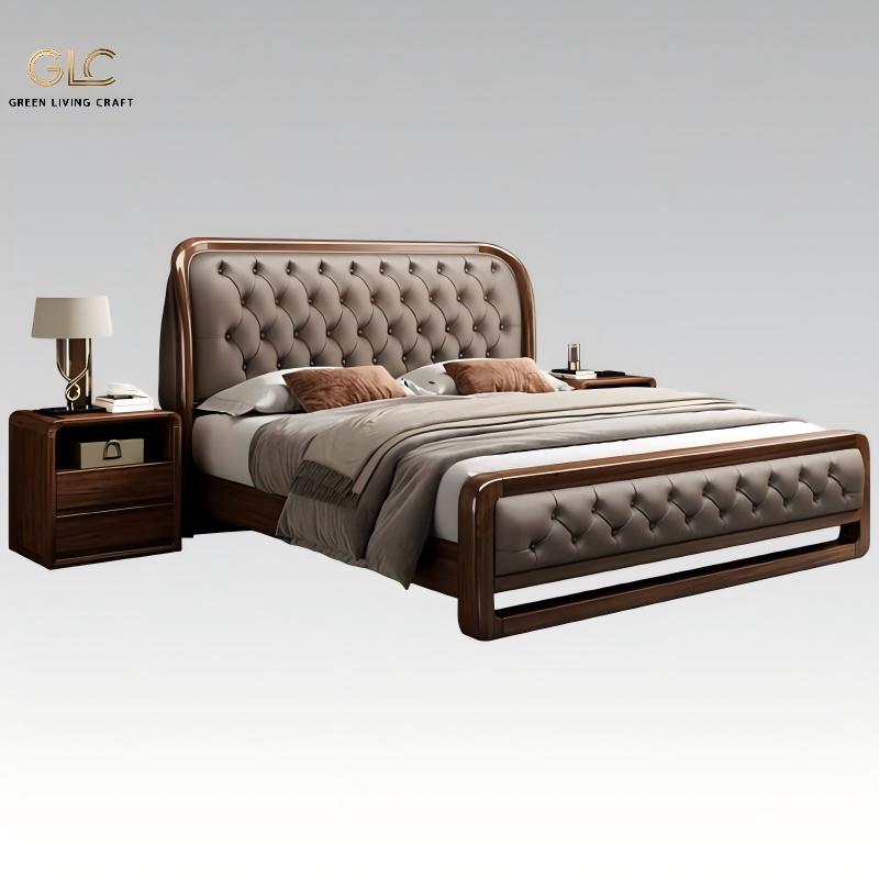 solid wood top grain cowhide leather bed, tufted upholstered bed with matching nightstand for luxury master bedroom