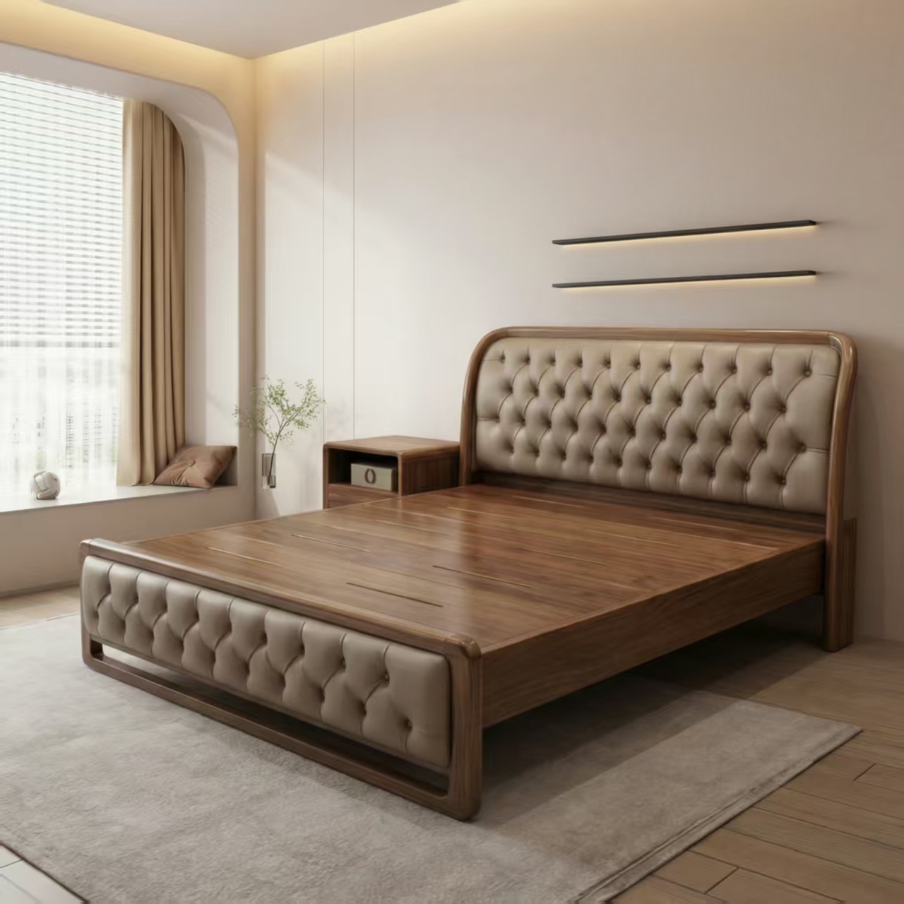 Light‑luxury new‑chinese solid wood double bed, tufted genuine leather upholstered headboard, modern minimalist bedroom furniture for master room