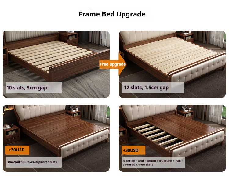 Natural solid wood frame and wood grain detail of upholstered bed