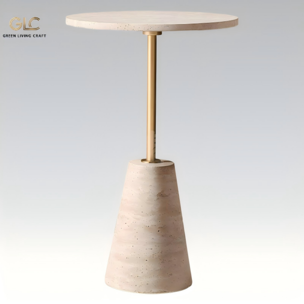 Italian luxury round natural travertine side table with gold stainless steel pole modern sofa accent end table