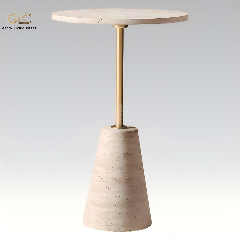 Italian luxury round natural travertine side table with gold stainless steel pole modern sofa accent end table