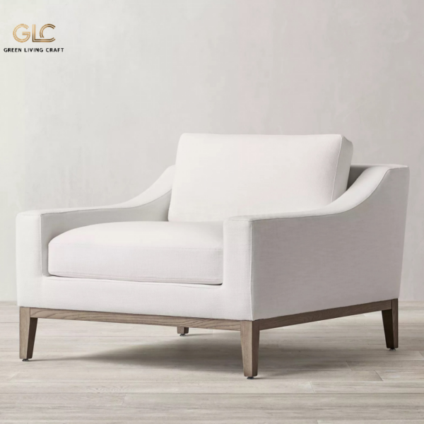 Modern performance fabric armchair with solid oak frame, high‑resilience foam core mixed down feather seat & back cushion luxury living room single chair
