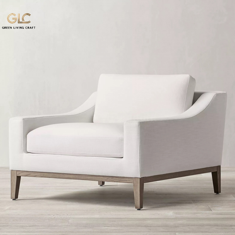 Modern performance fabric armchair with solid oak frame, high‑resilience foam core mixed down feather seat & back cushion luxury living room single chair