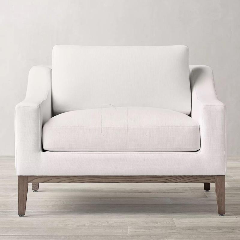 Bespoke lounge armchair in performance fabric, solid oak wood frame, down feather mixed foam cushion high‑end living room single sofa chair