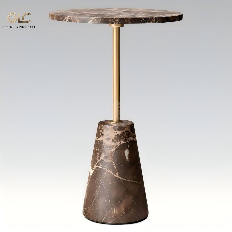 Round dark emperador marble side table gold stainless steel pole italian luxury sofa accent end table for home