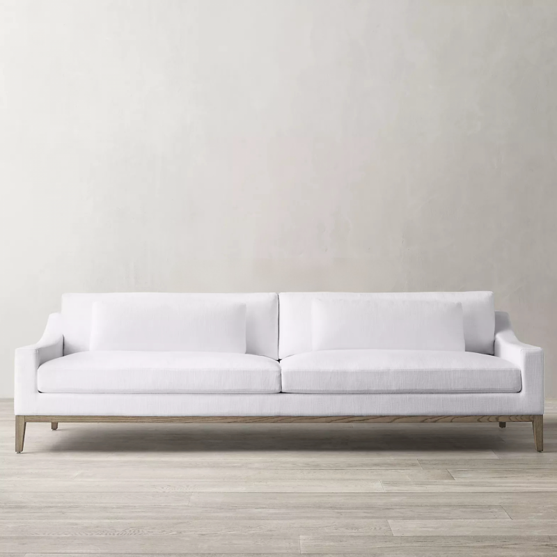Front view of 2‑seater performance fabric sofa, solid oak frame, high‑resilience foam core with down feather mixed seat and back cushions luxury living room sofa