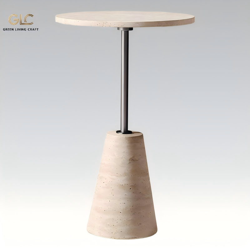 Modern round natural travertine side table black stainless steel pole minimalist sofa end accent table