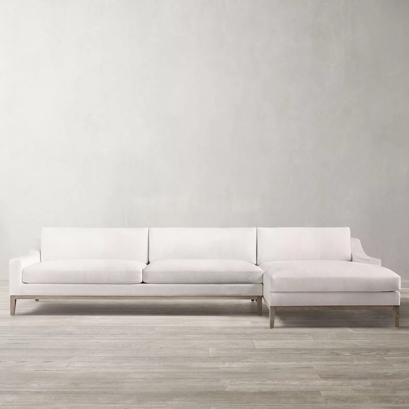 L‑shape sectional sofa with chaise lounge, performance fabric upholstery solid oak frame, high‑resilience foam core down feather mixed cushion corner sofa