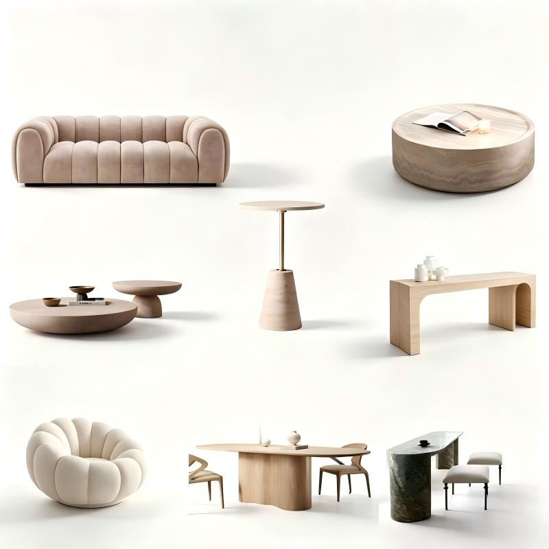 Modern wabi‑sabi whole house custom furniture collection, curved velvet sofa, pumpkin accent chair, solid wood side table, marble coffee table, wooden console table, dining table set, minimalist home furniture against white background