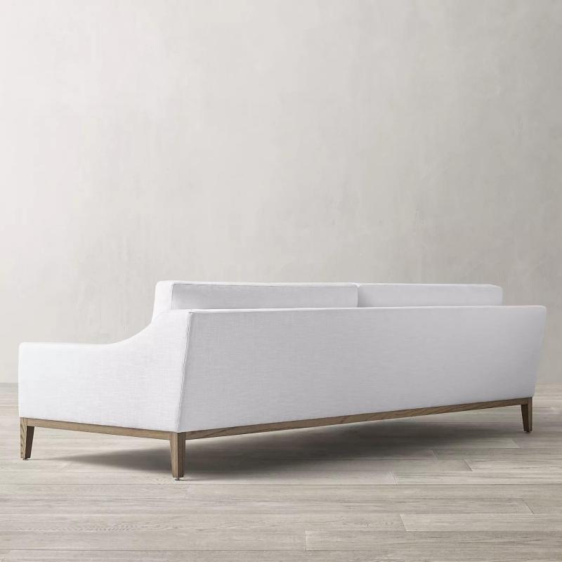 Back view of performance fabric upholstered sofa, solid oak frame, premium high‑resilience foam core down feather mixed cushion modern living room sofa