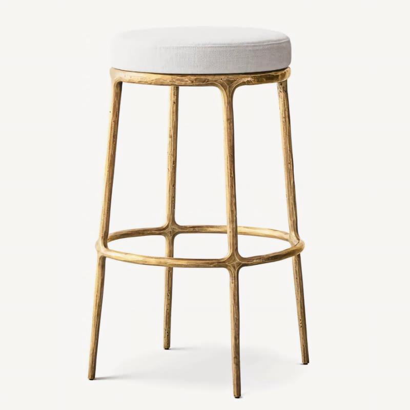 Hand forged metal bar stool, american luxury upholstered counter stool, brass finish frame white fabric cushion, backless and low‑back versions for kitchen island hotel bar