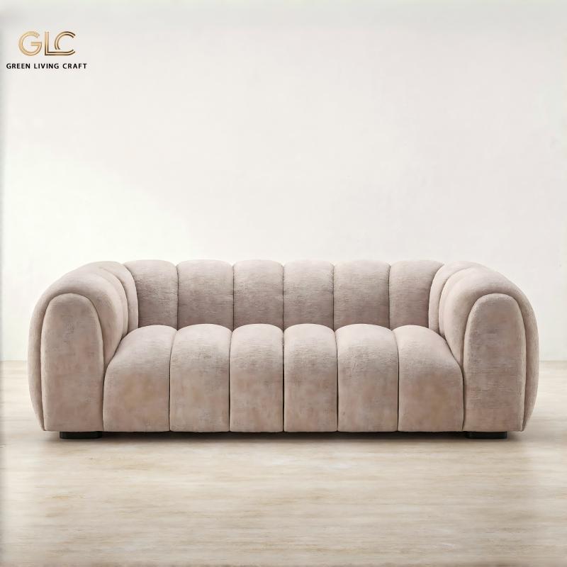 French cream pumpkin cloud sofa minimalist straight 3‑seater soft teddy fabric sofa for modern living room