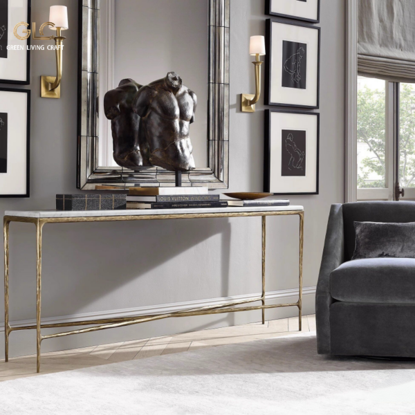 Artisan hand forged metal marble console table display, antique brass textured iron frame marble top, high‑end entry accent table villa interior