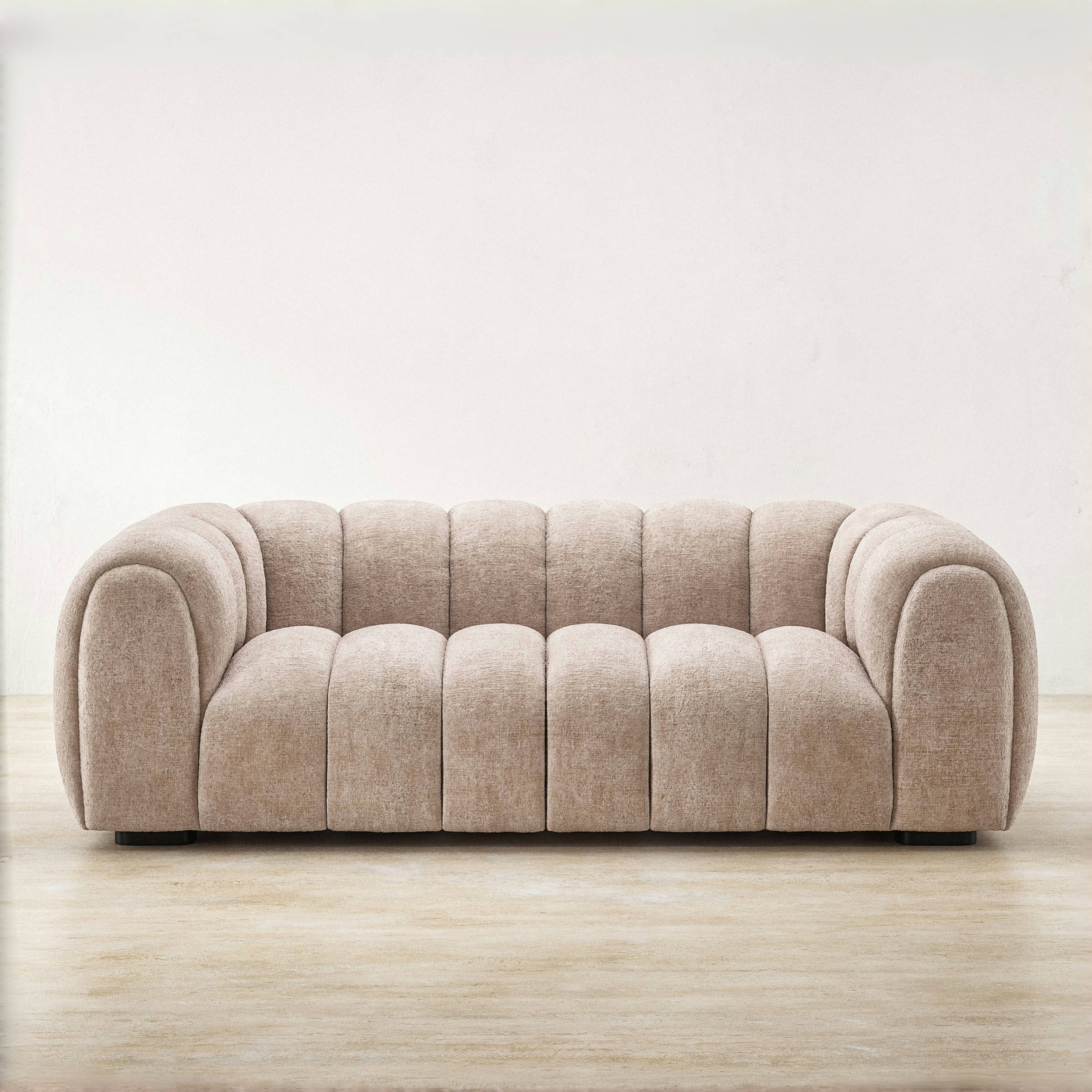 French cream style pumpkin cloud sofa, minimalist straight 3‑seater teddy chenille fabric upholstered sofa, rounded channel tuft design, cozy living room sofa against light neutral background