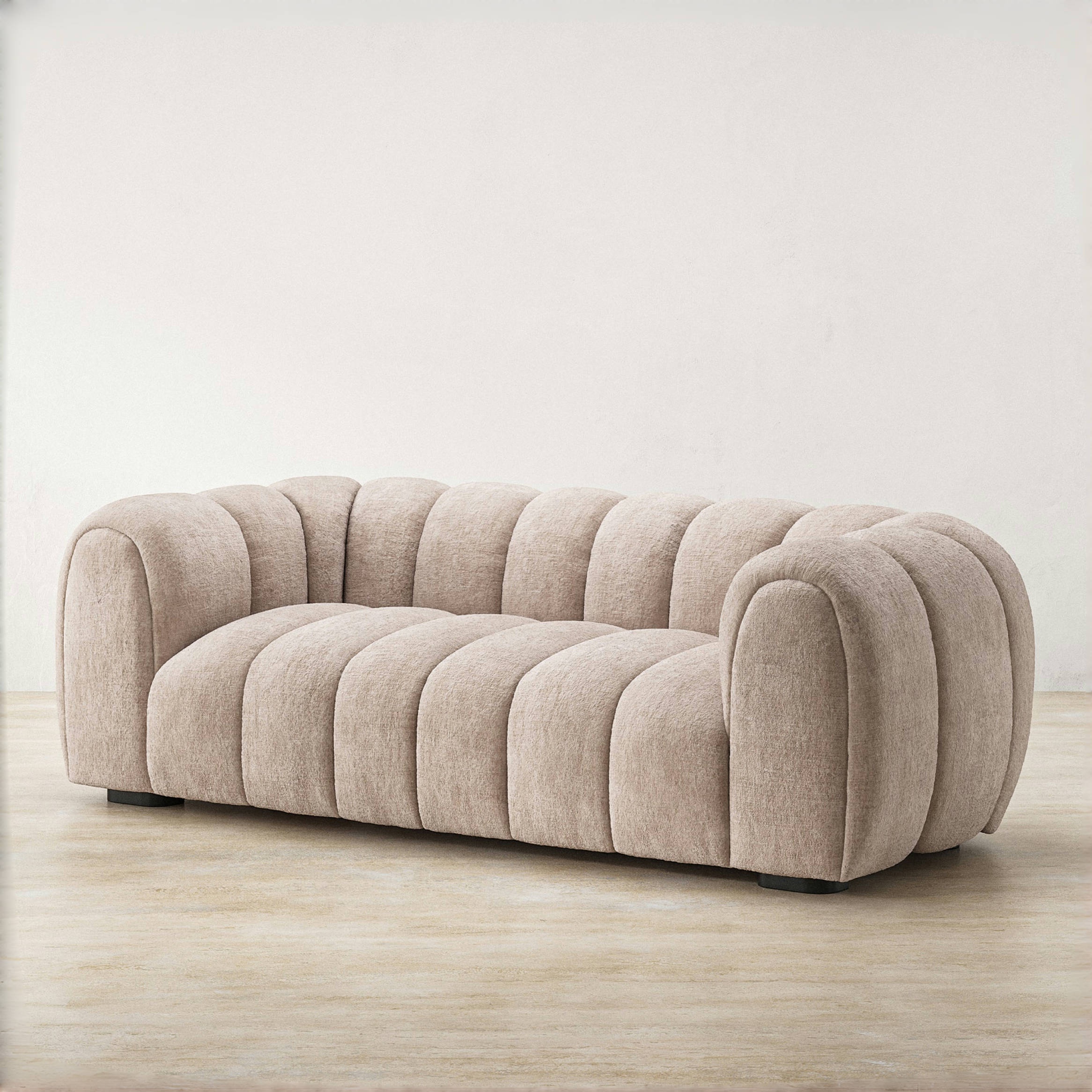 Minimalist cream cloud sofa, straight row pumpkin shaped upholstered couch, plush teddy fabric, voluminous padded cushions, modern home living room furniture product view