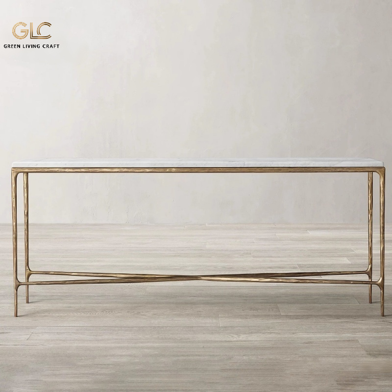 Antique brass hand forged iron marble console table, textured hammered metal frame natural marble top, decorative entry hall table for bespoke luxury interior