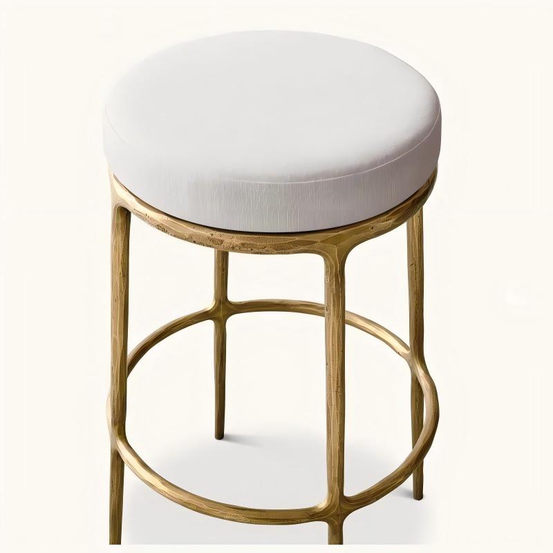 American modern luxury counter height stool, hand forged brass bar stool, backless round white fabric cushion, brass textured metal frame home kitchen island stool