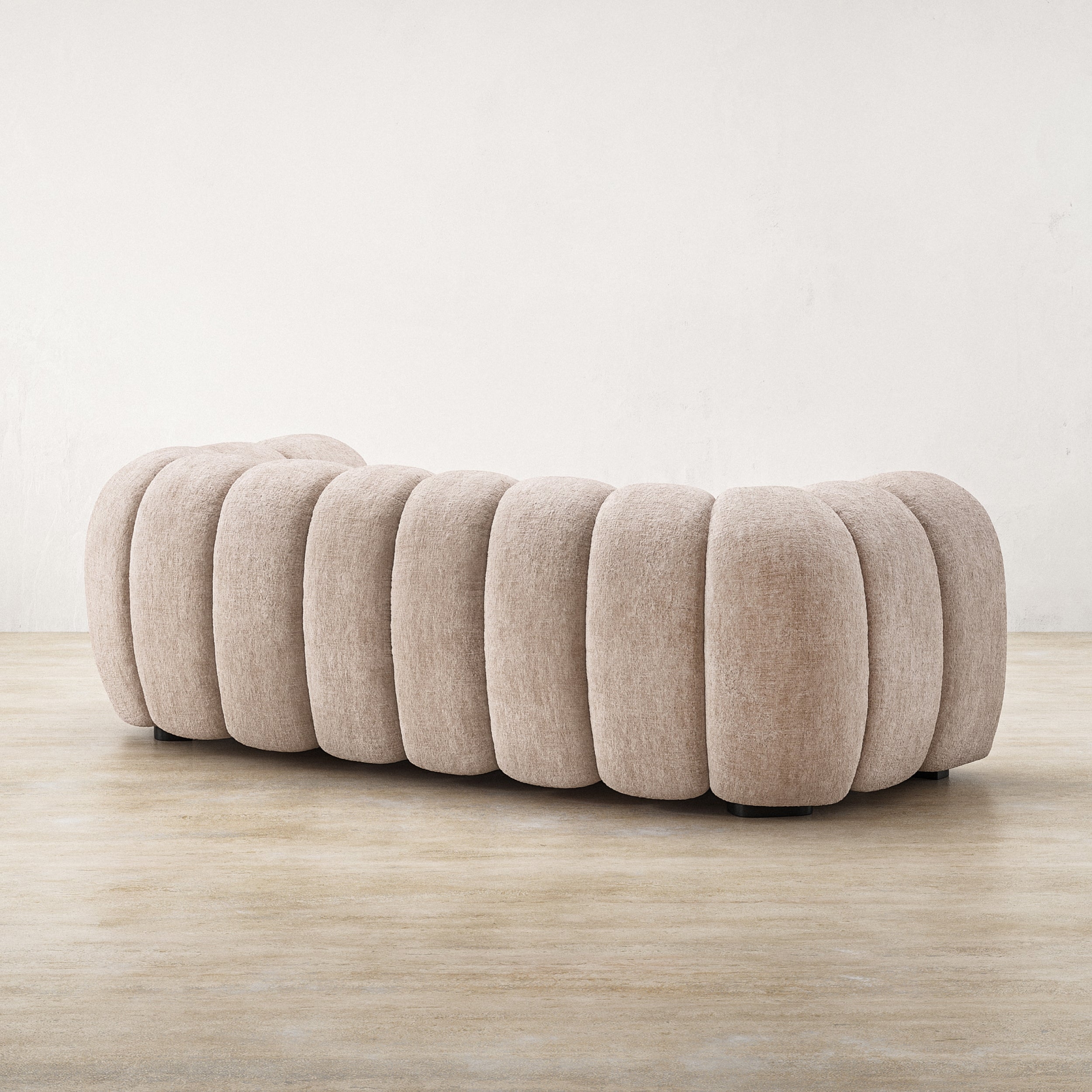 Luxury french style pumpkin sofa, cozy cloud straight couch, textured chenille upholstery sofa, rounded bubble cushions, high‑end residential living room furniture studio shot
