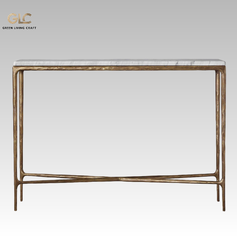 Hammered forged iron marble hall console table, antique gold metal frame natural marble top, decorative entryway furniture for hospitality project
