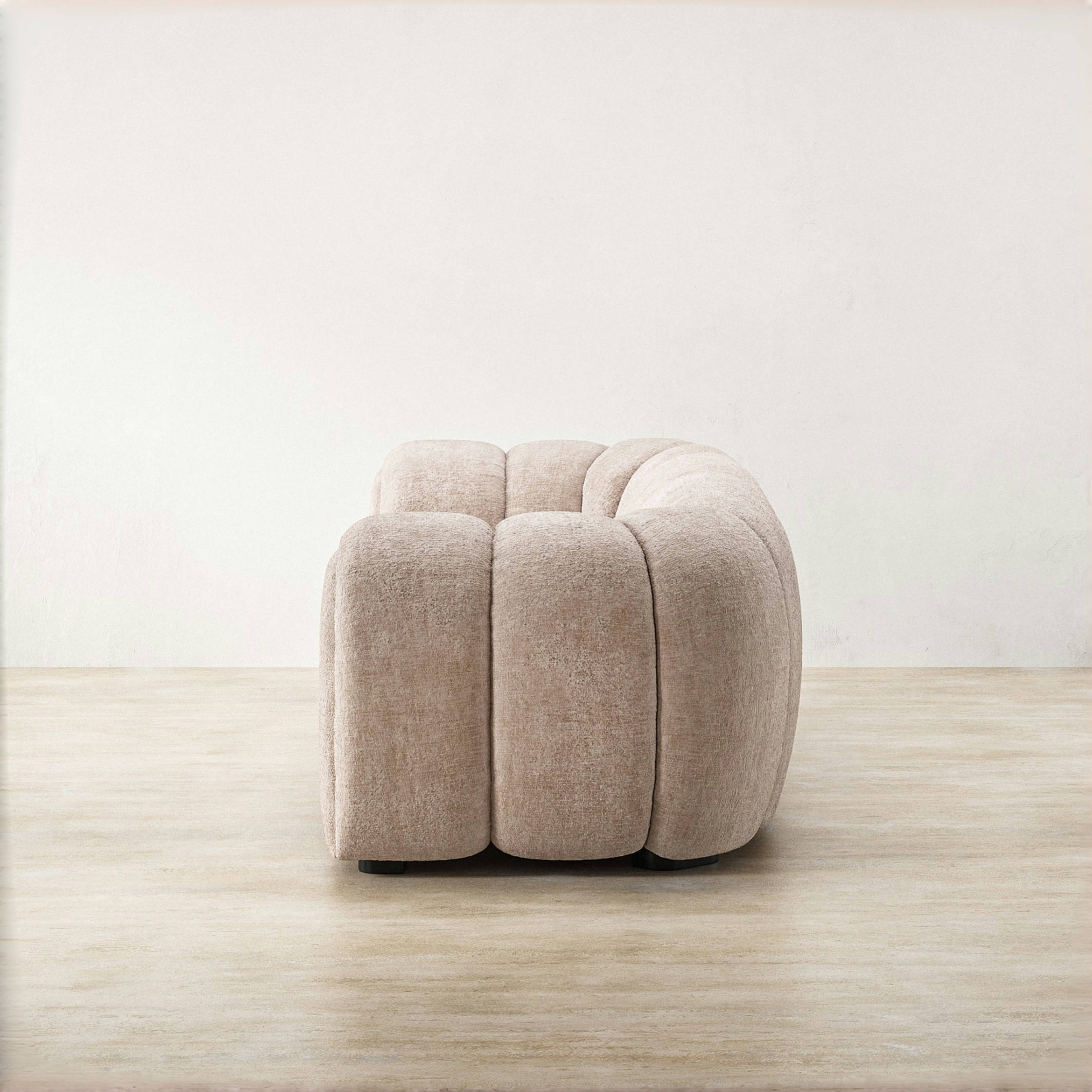 Contemporary cream pumpkin cloud sofa, straight 3‑seater upholstered couch, soft textured fabric, plump segmented cushions, family‑friendly living room furniture on light wood floor