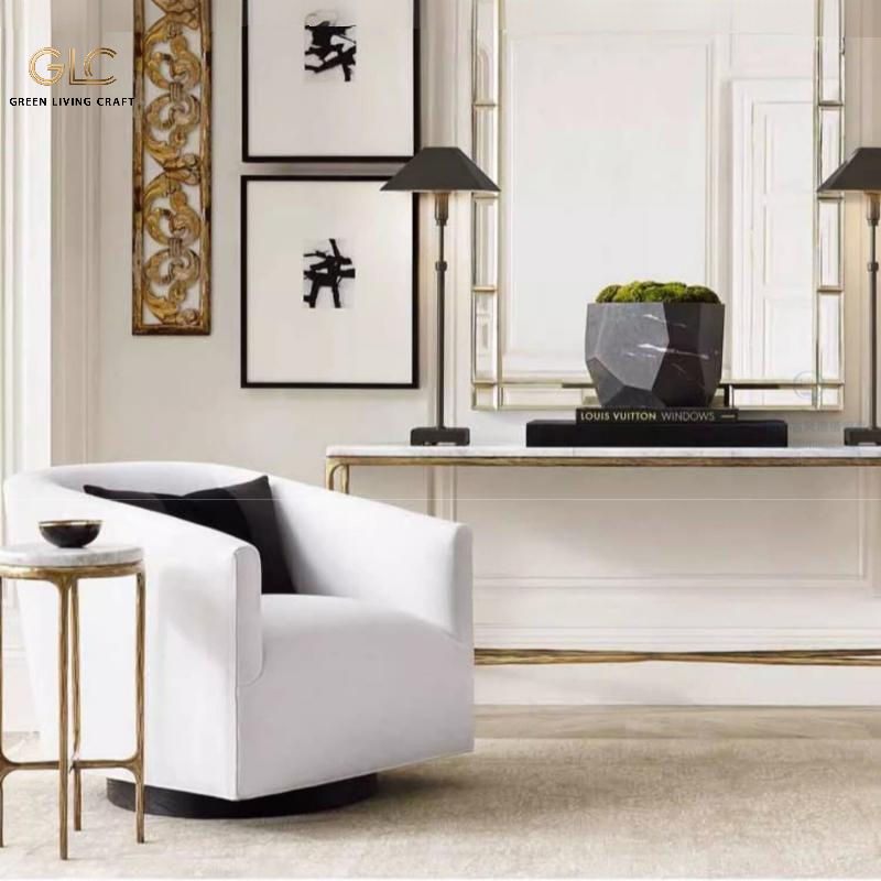 Bespoke handcrafted marble console table, antique brass forged iron frame, luxury hallway sofa table for high‑end residential interior design