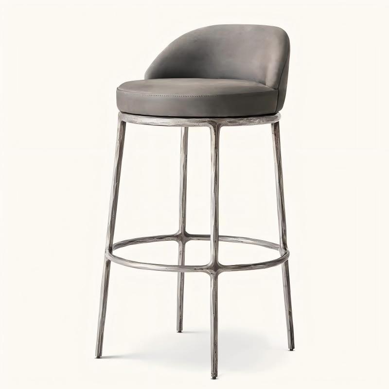 Hammered forged metal bar stool collection, brass dark bronze nickel finish options, backless and low‑back upholstered bar chair product collage