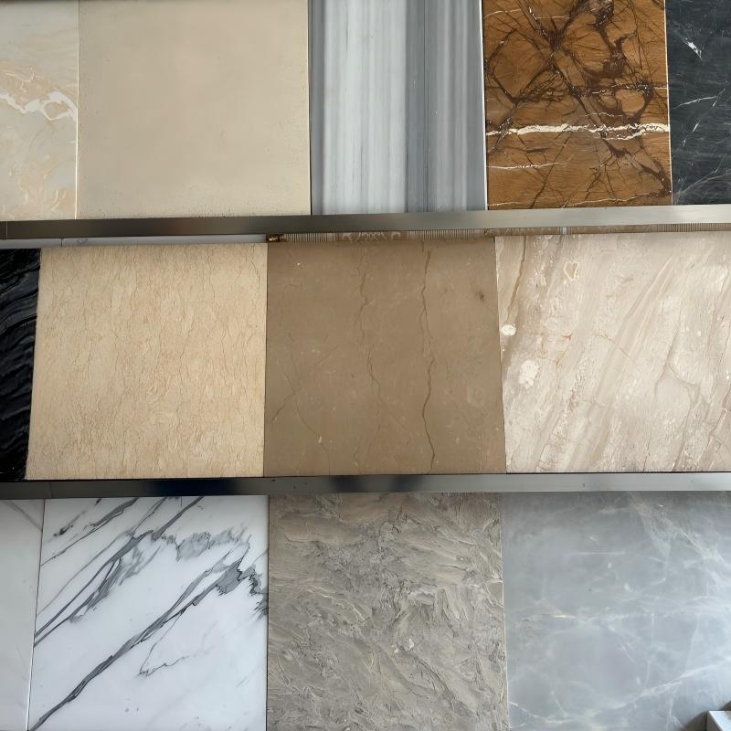 Natural marble slab samples display, multiple color vein options for bespoke custom marble furniture countertop table top villa hotel project