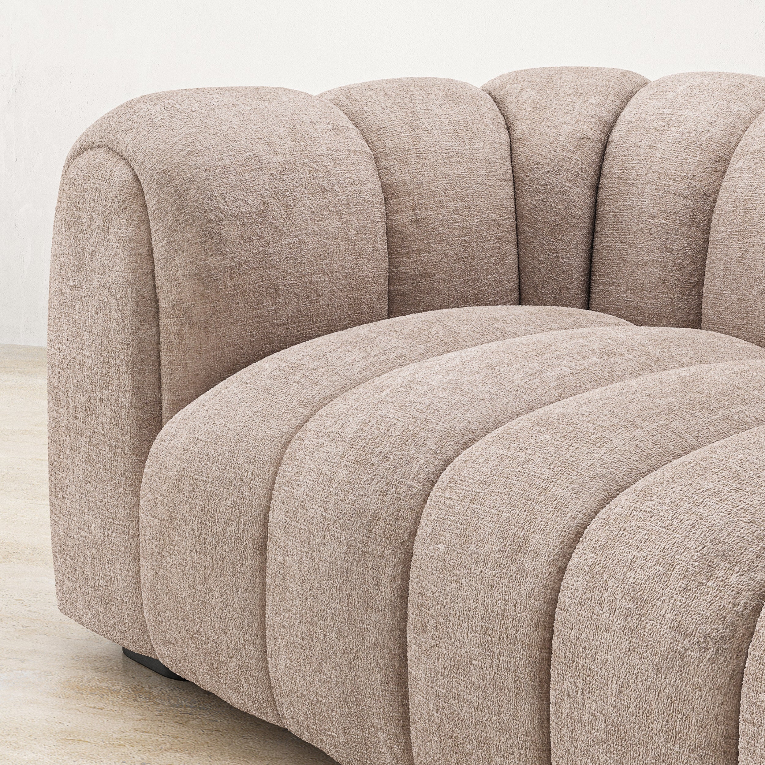 Wabi‑sabi cream pumpkin sofa, modern straight cloud upholstered sofa, textured teddy fabric, rounded bubble cushion design, minimalist home interior furniture photograph