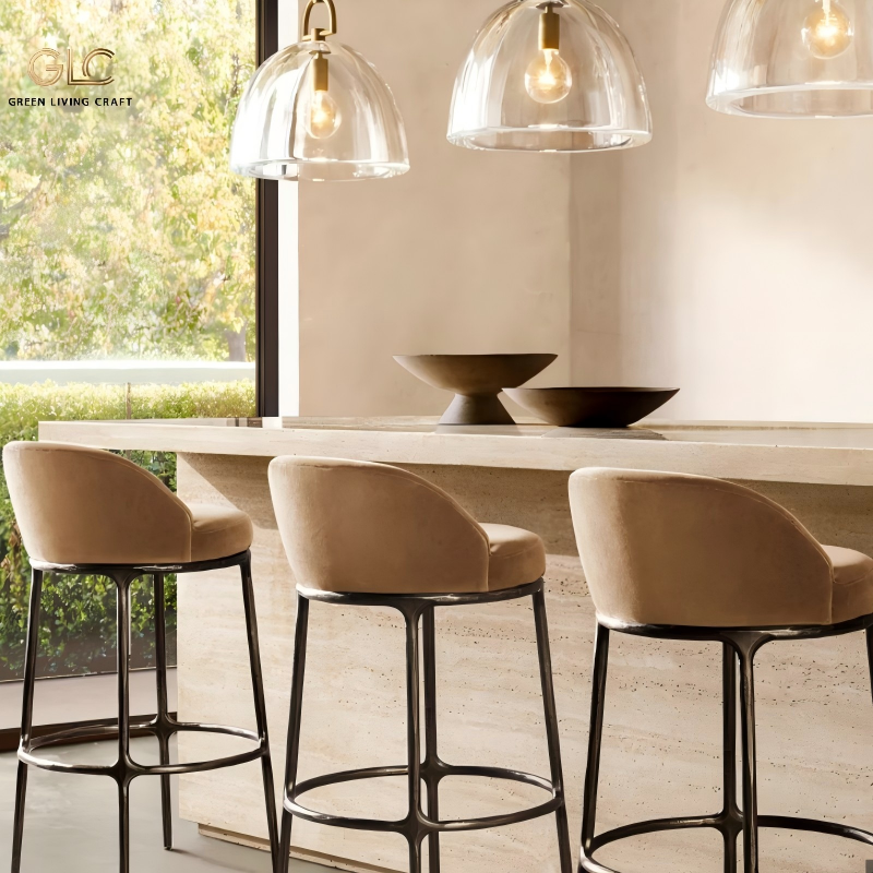 Project‑grade luxury bar counter stool, hand‑forged textured metal frame, group display in modern hotel kitchen bar interior, bulk export custom furniture