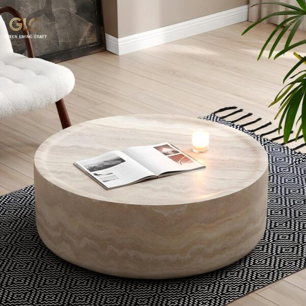 Wabi‑Sabi Round Drum Travertine Coffee Table For Living Room