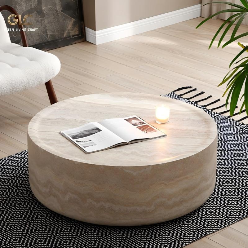 Wabi‑Sabi Round Drum Travertine Coffee Table For Living Room