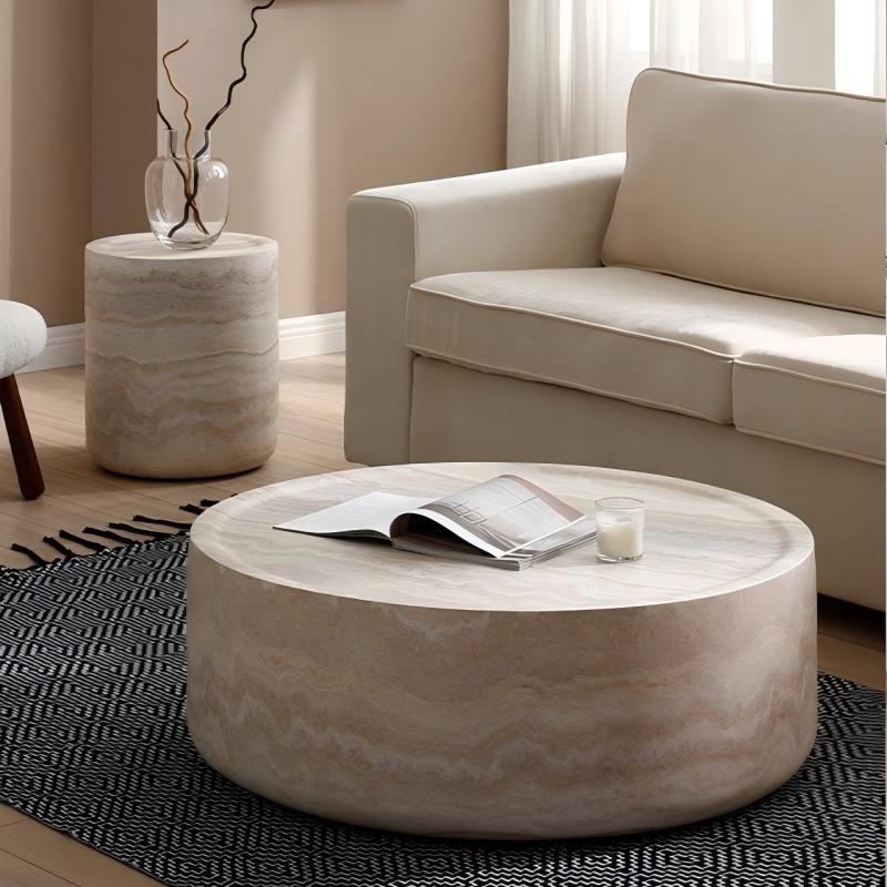 2‑Piece Faux Travertine Coffee Table Set Round Drum Side Table