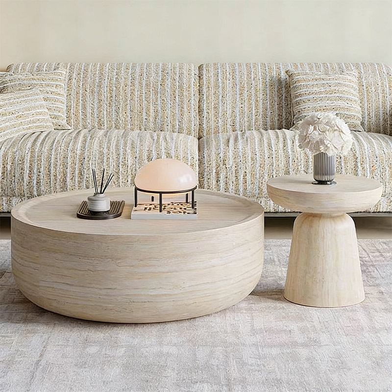 Off‑White Washed Travertine Drum Coffee Table With Mushroom Side Table