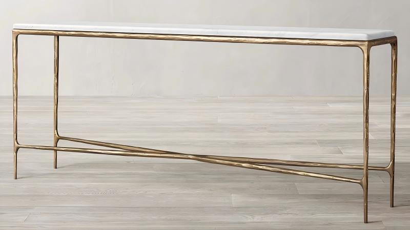 hand forged iron console table with antique brass frame and natural marble top