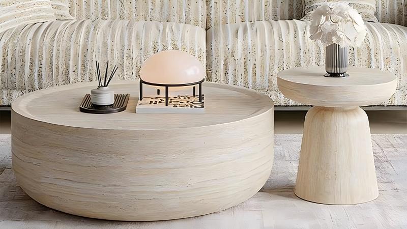 Wabi-sabi beige travertine round drum coffee table for modern living room