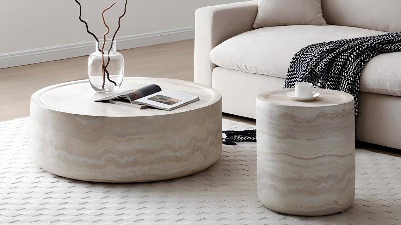 Ultra-white travertine round drum coffee table with modern sofa