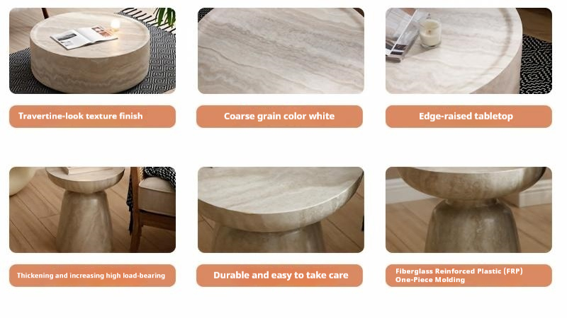 Wabi-sabi travertine coffee table close-up showing surface and edge details